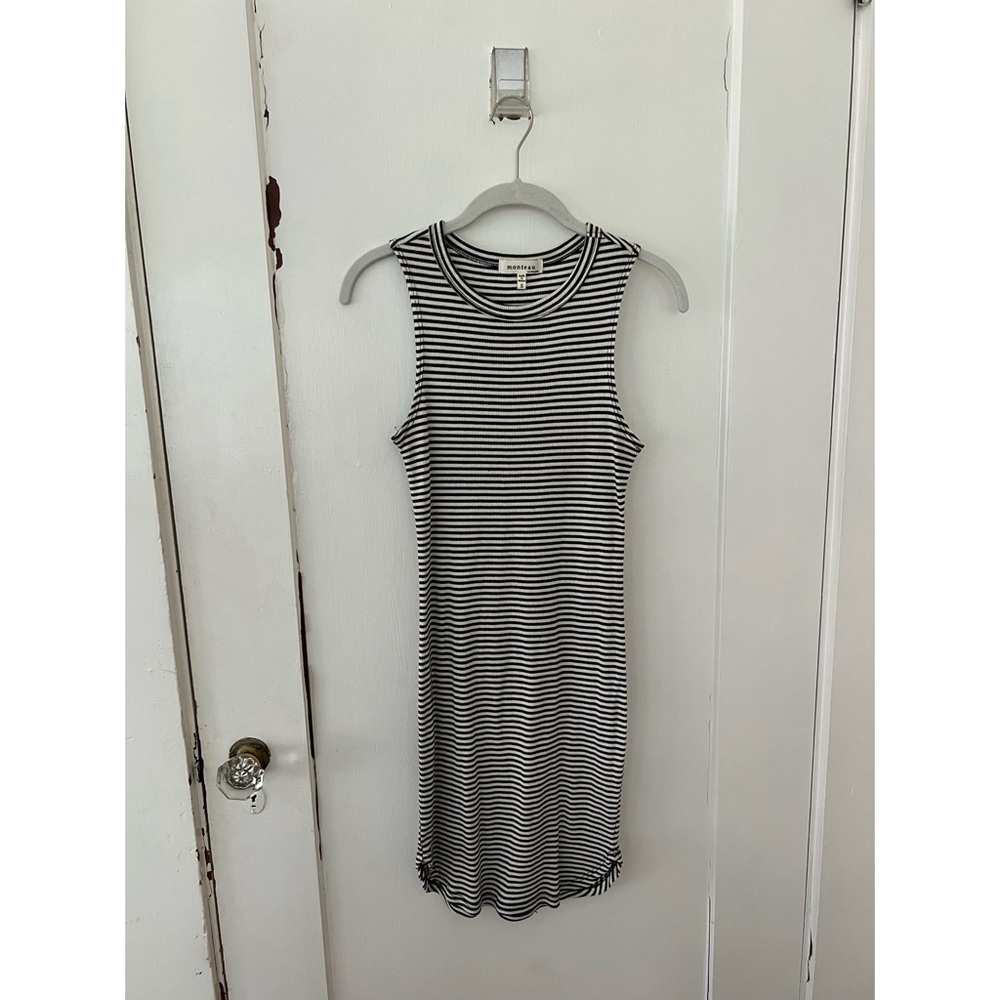Monteau Black and White Striped Crew Neck Midi Dress